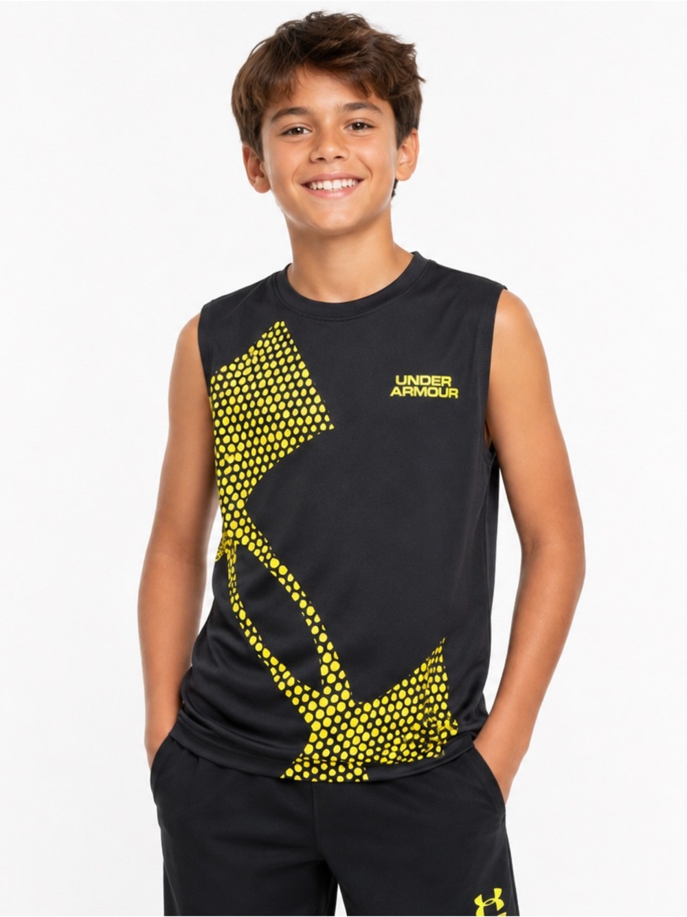 Under Armour Boys HeatGear Sleeveless Athletic Shirt Navy Neon Yellow Youth Medi